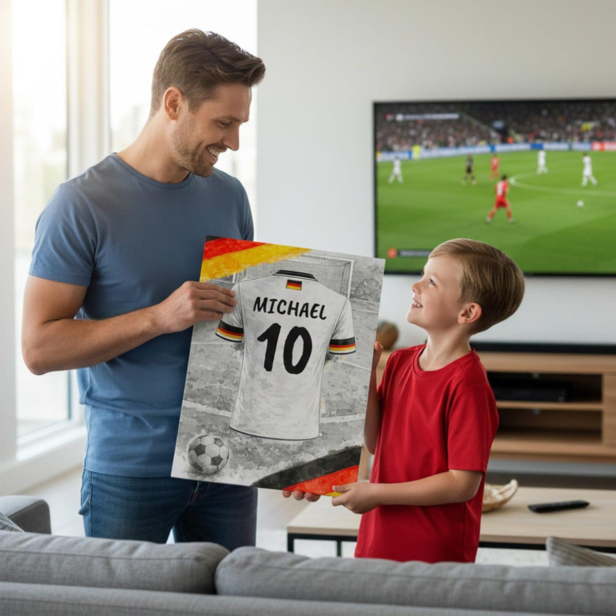 Exemple d'usage : le maillot de l'Allemagne à votre nom et numéro, offert devant un match ; style de flocage au choix, livré chez vous en affiche (poster), toile canvas, cadre ou plexiglas (exemple)