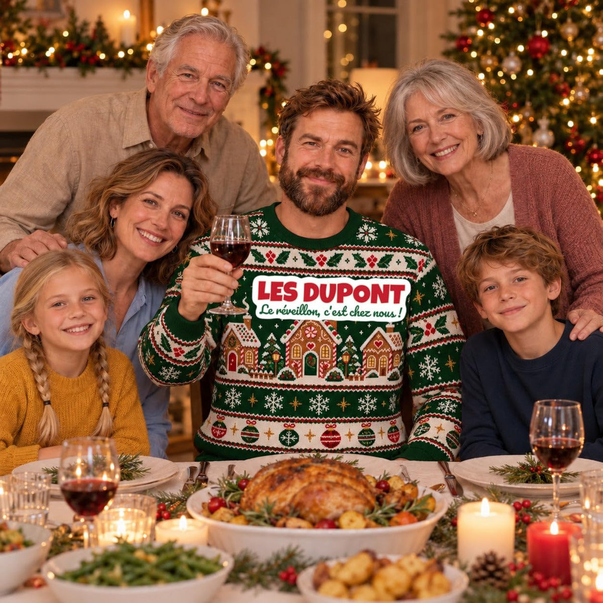 Sweat de Noël moche homme personnalisé, nom de famille, vert sapin