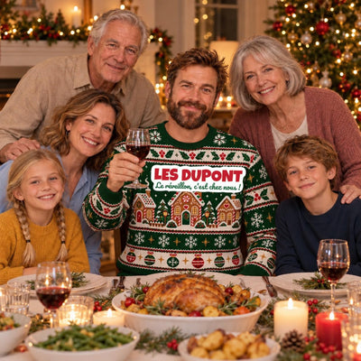 Sweat de Noël moche homme personnalisé, nom de famille, vert sapin