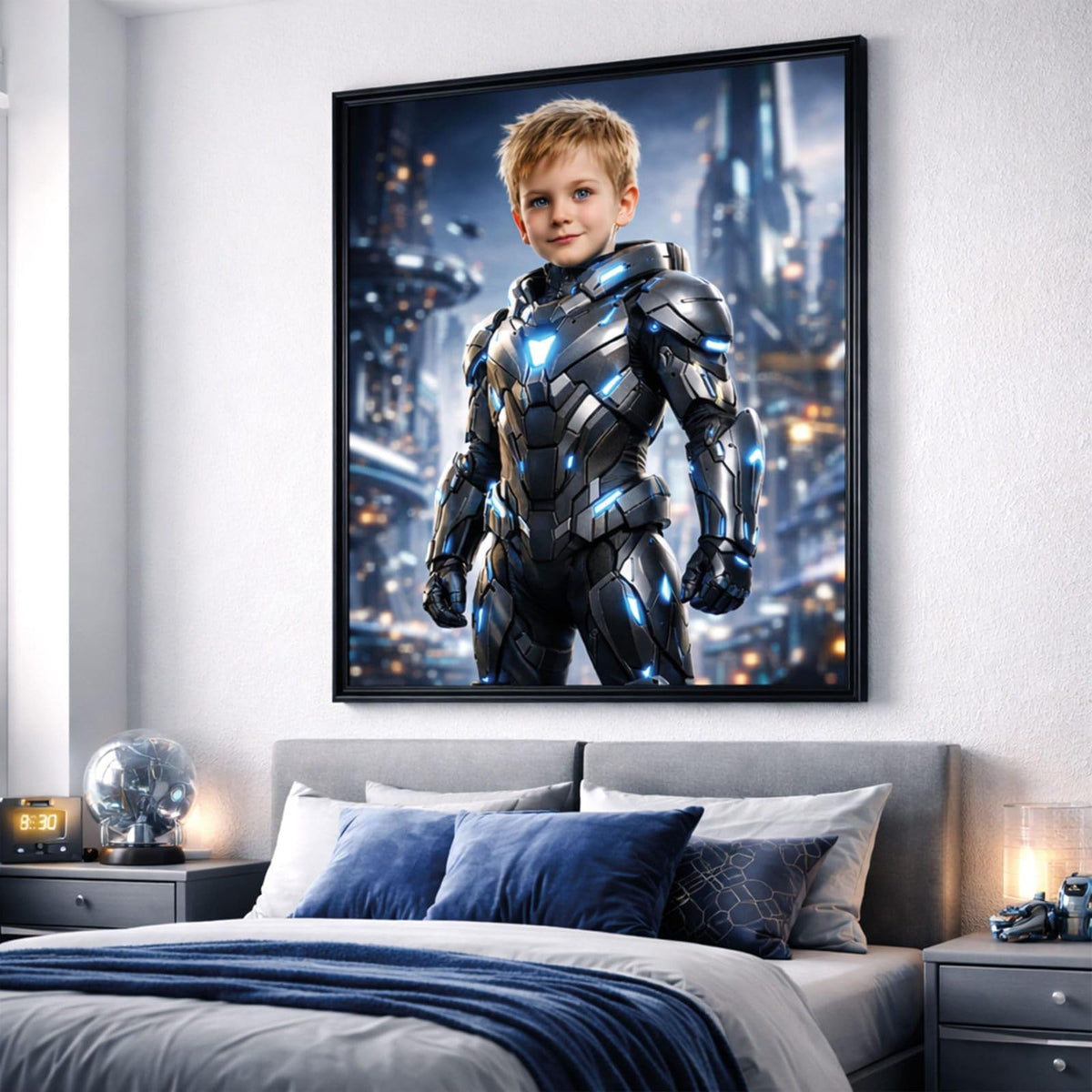 Création personnalisée : votre enfant en héros high-tech à armure gris acier d'après sa photo, son visage gardé, en cadre noir au-dessus d'un lit, imprimée puis livrée chez vous (exemple)