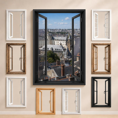 La vue sur Nantes et les styles de fenêtre proposés pour l'encadrer : bois, PVC blanc, alu noir ou sans fenêtre, imprimée sur toile ou plexiglas puis livrée (exemple)