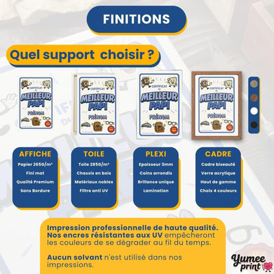 Certificat du meilleur papi en quatre finitions : affiche (poster), toile canvas, plexiglas ou cadre ; le cadre existe en noir, blanc, bois clair ou bois foncé, livré chez vous (exemple)