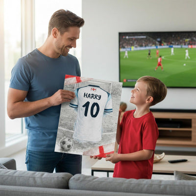 Exemple d'usage : le maillot de l'Angleterre à votre nom et numéro, offert devant un match ; style de flocage au choix, livré chez vous en affiche (poster), toile canvas, cadre ou plexiglas (exemple)