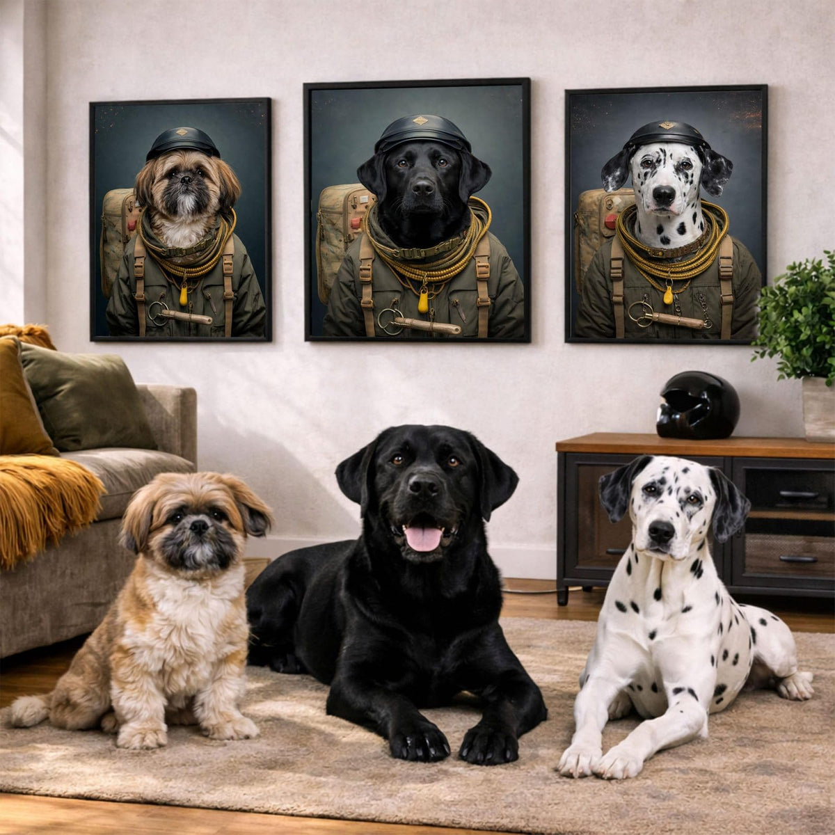Trois portraits costumés « Soldat » en cadres noirs accrochés dans un salon : chaque animal garde ses traits, d'après votre photo, imprimés et livrés chez vous (exemple)