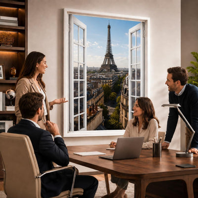 Idée d'usage dans un bureau : la vue sur le Paris haussmannien ouvre le mur comme une vraie fenêtre, style de fenêtre au choix, toile canvas ou plexiglas, livré chez vous (exemple)