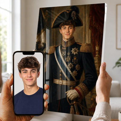 Portrait d'apparat en officier prussien sur plexiglas brillant : bicorne à plumet et décorations, votre visage gardé d'après votre photo, imprimé puis livré chez vous (exemple)