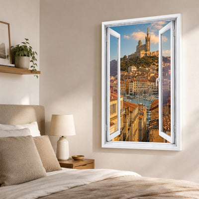 Trompe-l'œil sur Marseille dans une chambre, Vieux-Port et Notre-Dame-de-la-Garde en perspective, sur toile canvas ou plexiglas en 60 x 40 cm, 80 x 60 cm ou 120 x 80 cm, livré chez vous (exemple)