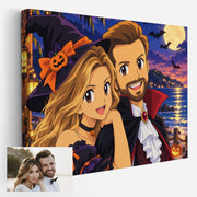 Création personnalisée : vous envoyez votre photo, elle devient une scène d'Halloween style manga animé japonais en format paysage, imprimée sur toile canvas et livrée chez vous (exemple)