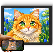 Création personnalisée : la photo de votre chat devient un portrait style manga en format paysage, grands yeux brillants, traits nets, imprimé en cadre noir et livré chez vous (exemple)
