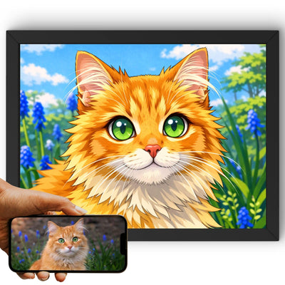 Création personnalisée : la photo de votre chat devient un portrait style manga en format paysage, grands yeux brillants, traits nets, imprimé en cadre noir et livré chez vous (exemple)