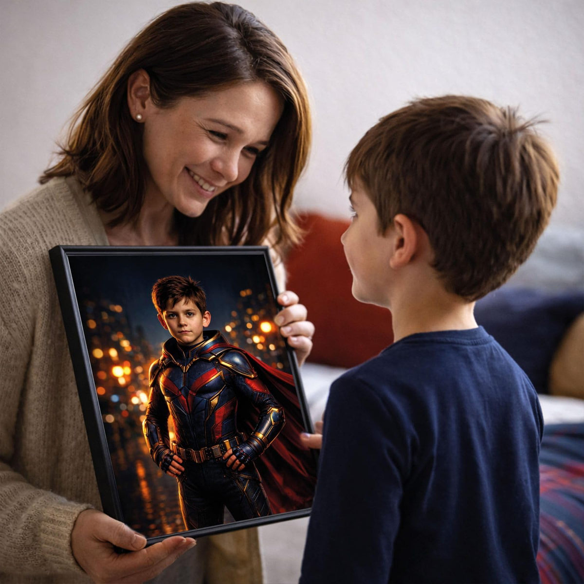 Exemple d'usage possible : votre enfant en héros en armure d'après sa photo, son visage gardé, portrait offert en famille dans son cadre ; imprimé puis livré chez vous (exemple)