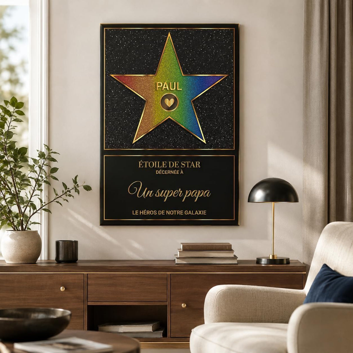 Étoile multicolore façon Walk of Fame accrochée au salon, à son prénom avec votre message, imprimée et livrée chez vous en affiche (poster), toile canvas, cadre ou plexiglas (exemple)