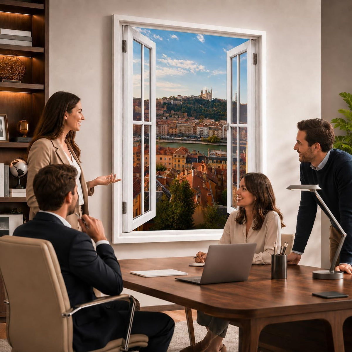 Idée d'usage dans un bureau : la vue sur Lyon ouvre le mur comme une vraie fenêtre, style de fenêtre au choix, toile canvas ou plexiglas, livré chez vous (exemple)