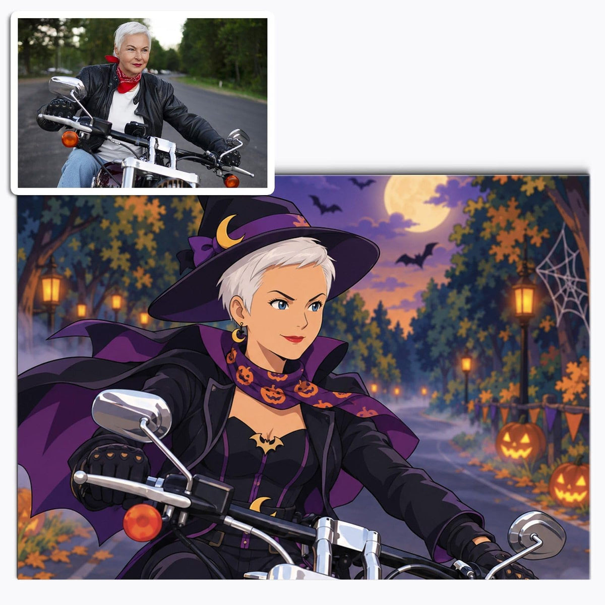 Votre photo transformée façon animé japonais pour Halloween, pleine lune, citrouilles et chauves-souris, imprimée en affiche (poster) paysage puis livrée chez vous (exemple)