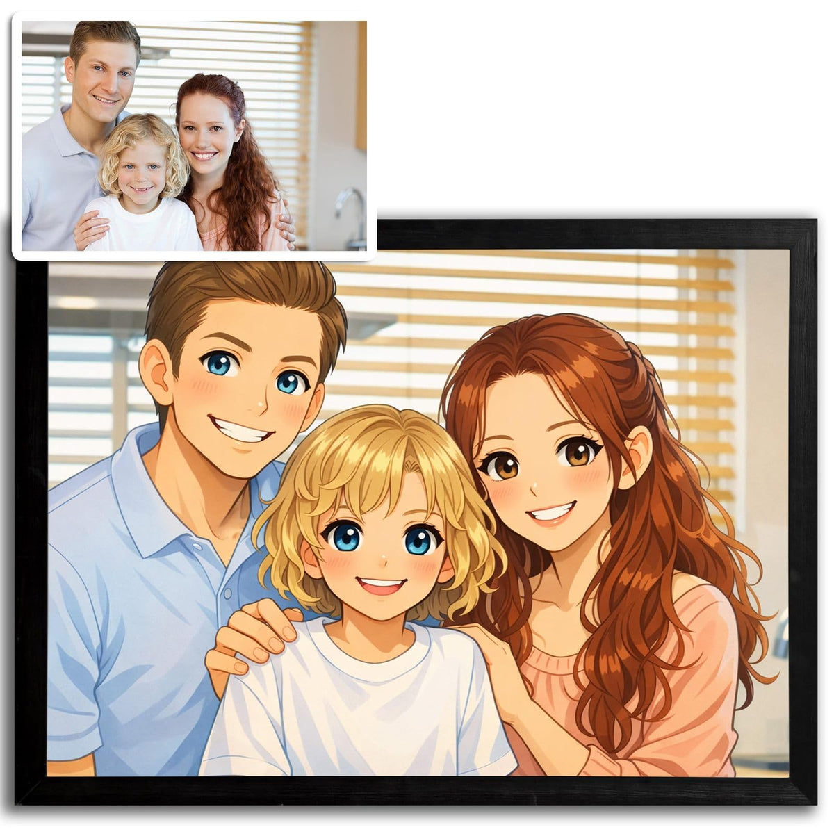 Votre photo transformée en illustration style manga, grands yeux expressifs et contours nets, présentée en cadre noir paysage, imprimée puis livrée chez vous (exemple)