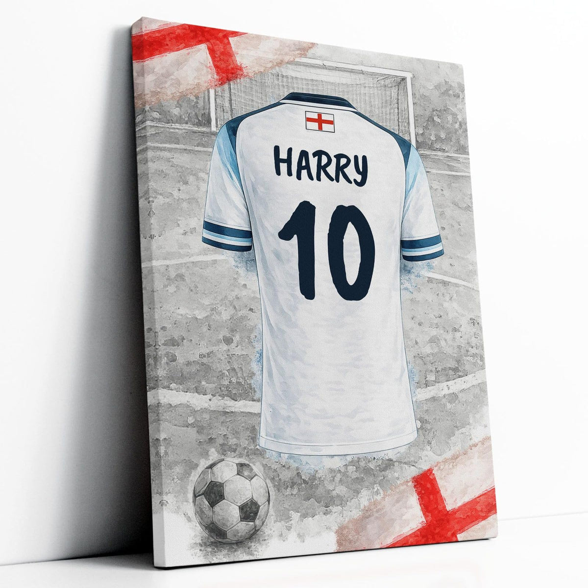 Maillot de foot de l'Angleterre personnalisé, blanc, façon aquarelle sur stade en noir et blanc : nom au dos et numéro, sur toile canvas tendue, livré chez vous (exemple)