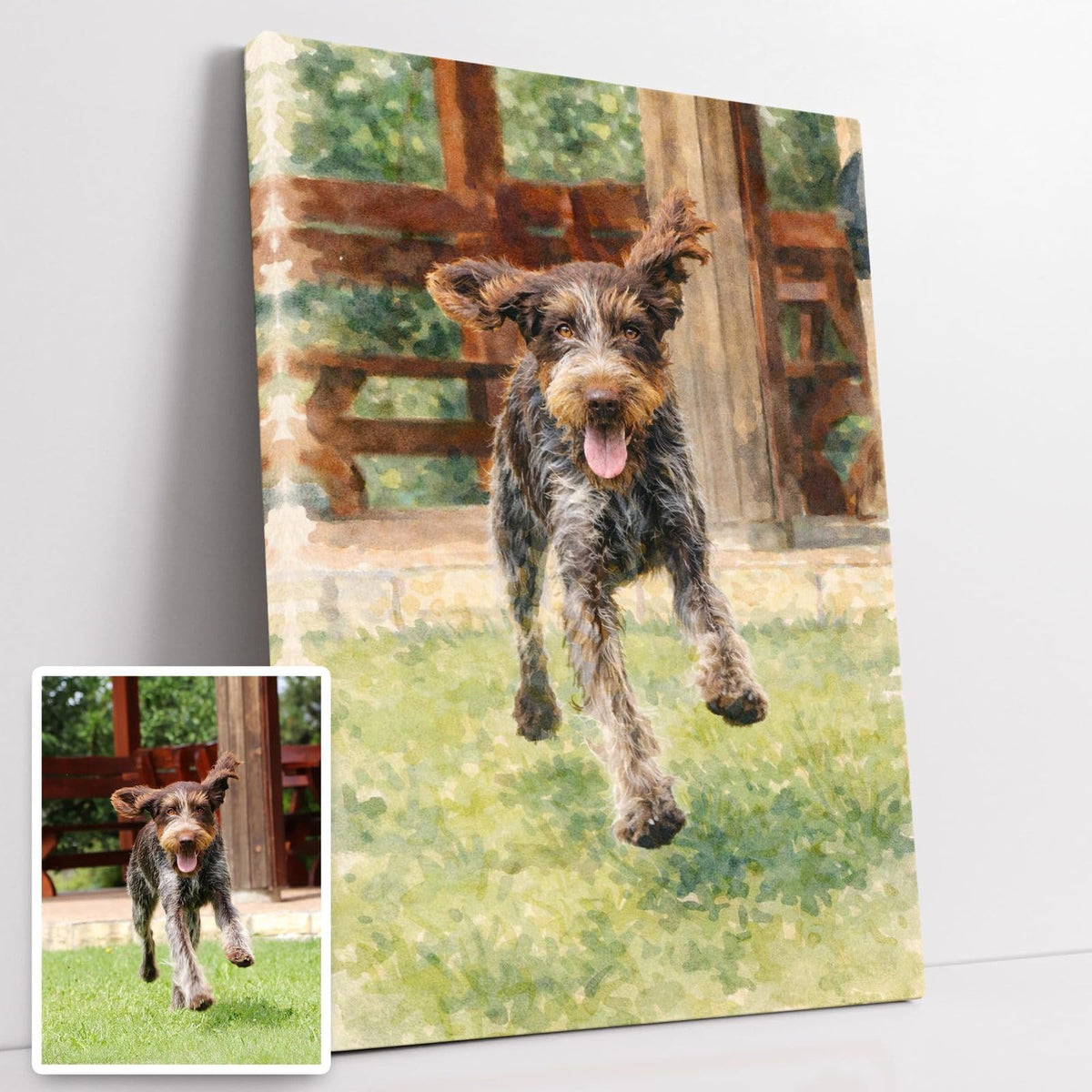 Portrait à l'aquarelle de votre chien sur toile canvas tendue sur châssis, lavis fondus et teintes douces, présenté à côté de la photo d'origine, imprimé puis livré chez vous (exemple)