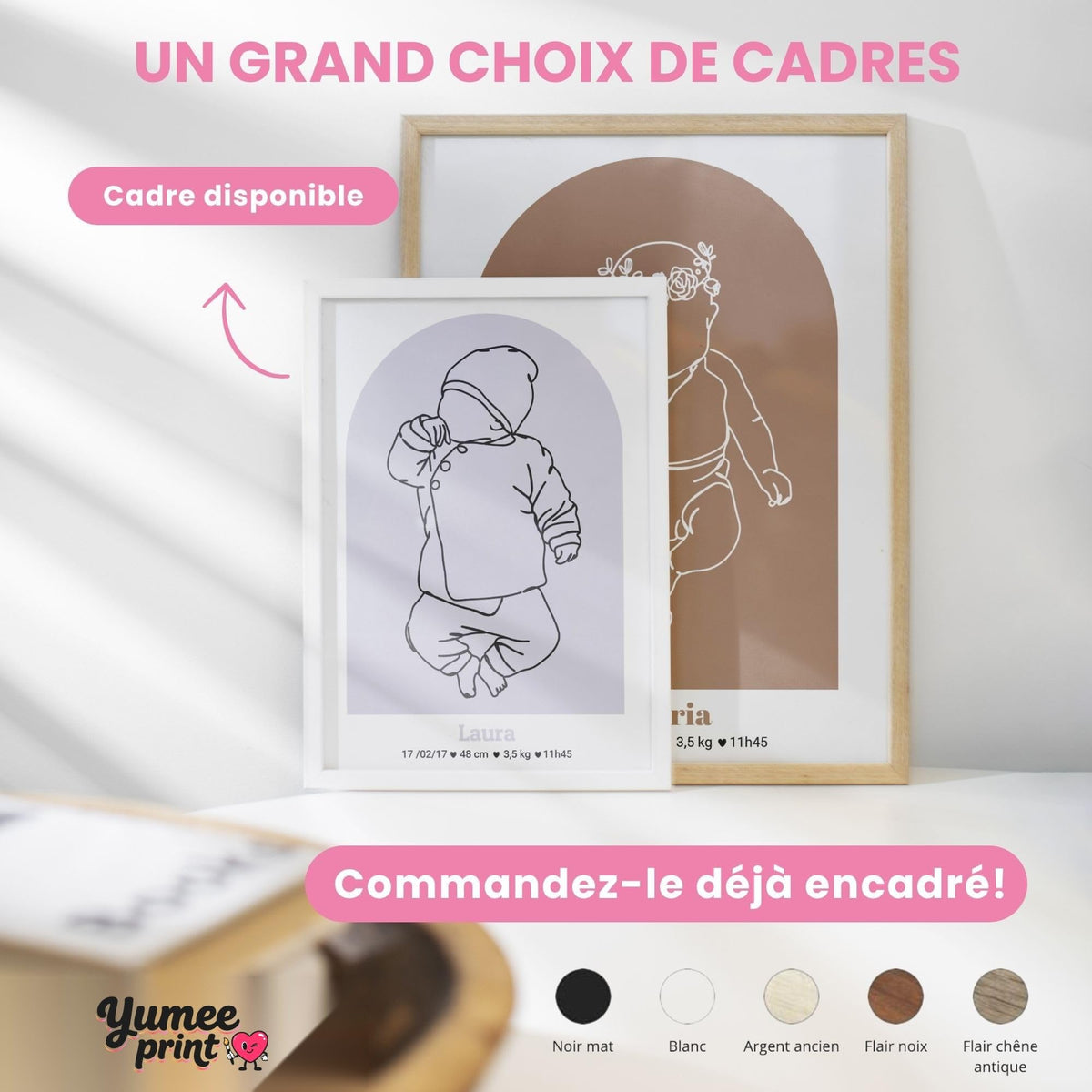 Affiches de naissance en cadre blanc et en cadre bois clair ; le cadre existe en noir, blanc, bois clair ou bois foncé, avec la silhouette du bébé et ses mesures, livré chez vous (exemple)