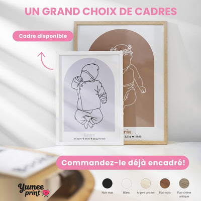 Affiches de naissance en cadre blanc et en cadre bois clair ; le cadre existe en noir, blanc, bois clair ou bois foncé, avec la silhouette du bébé et ses mesures, livré chez vous (exemple)