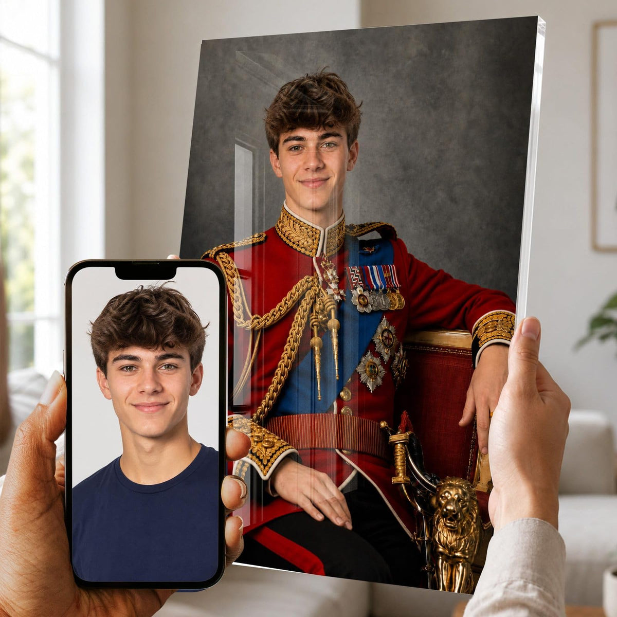 Portrait d'apparat en officier de la garde royale sur plexiglas brillant : médailles et fauteuil aux lions, votre visage gardé d'après votre photo, imprimé puis livré chez vous (exemple)