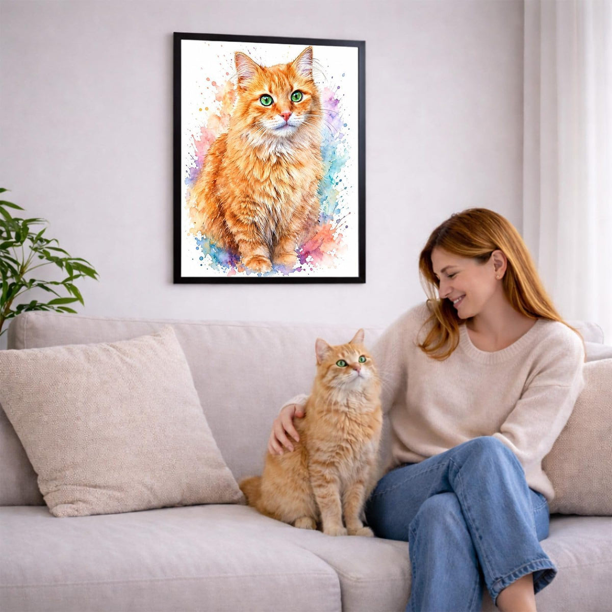 Portrait éclats de couleurs de votre chat d'après sa photo, accroché au salon en cadre noir ; aussi en affiche (poster), toile canvas ou plexiglas, livré chez vous (exemple)