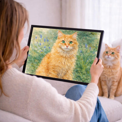 Votre photo devient un portrait à l'aquarelle en format paysage, ici en cadre noir tenu en main ; cadre noir, blanc, bois clair ou bois foncé au choix, livré chez vous (exemple)