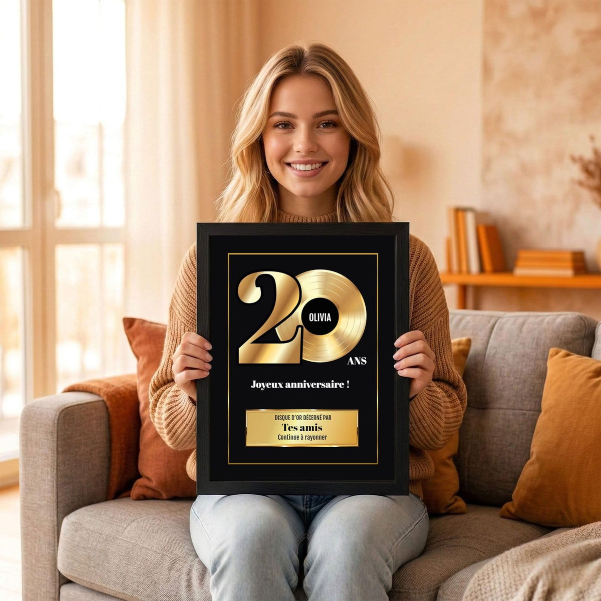 Exemple d'usage : le disque d'or des 20 ans en cadre noir, tenu en souvenir ; son prénom sur le disque, votre signature et un message, livré chez vous (exemple)