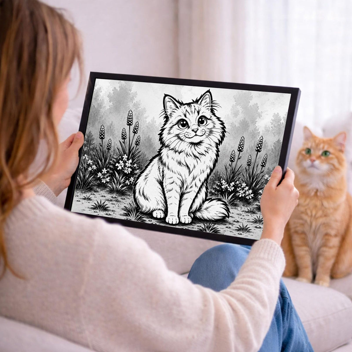 Votre photo devient un portrait caricature noir et blanc en format paysage, ici en cadre noir tenu en main ; cadre noir, blanc, bois clair ou bois foncé au choix, livré chez vous (exemple)