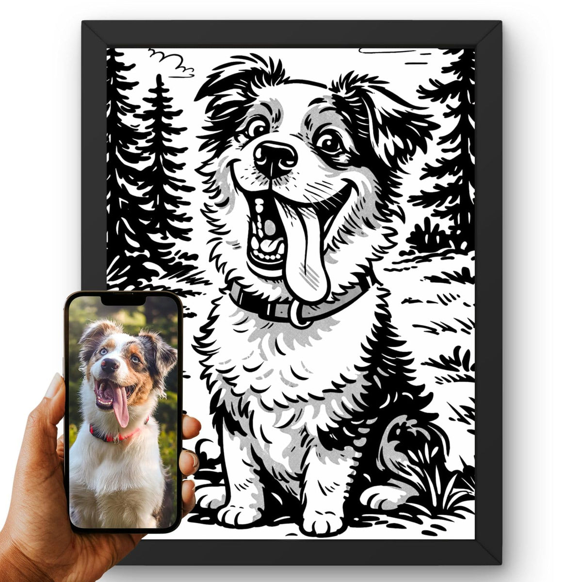 Création personnalisée : la photo de votre chien devient un portrait caricature noir et blanc, façon caricaturiste de rue, encre épaisse, imprimé en cadre noir et livré chez vous (exemple)
