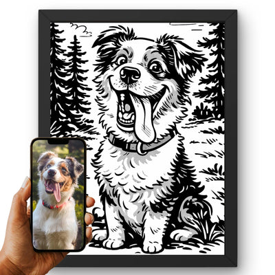 Création personnalisée : la photo de votre chien devient un portrait caricature noir et blanc, façon caricaturiste de rue, encre épaisse, imprimé en cadre noir et livré chez vous (exemple)