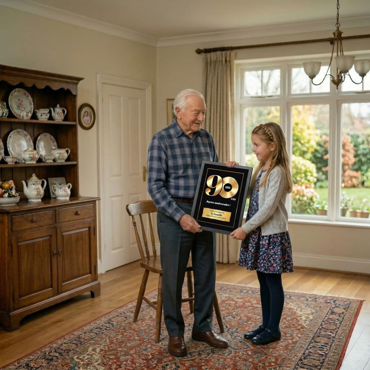 Exemple d'usage : un disque d'or des 90 ans en cadre noir offert en cadeau d'anniversaire, avec prénom et « décerné par » au choix, livré chez vous (exemple)