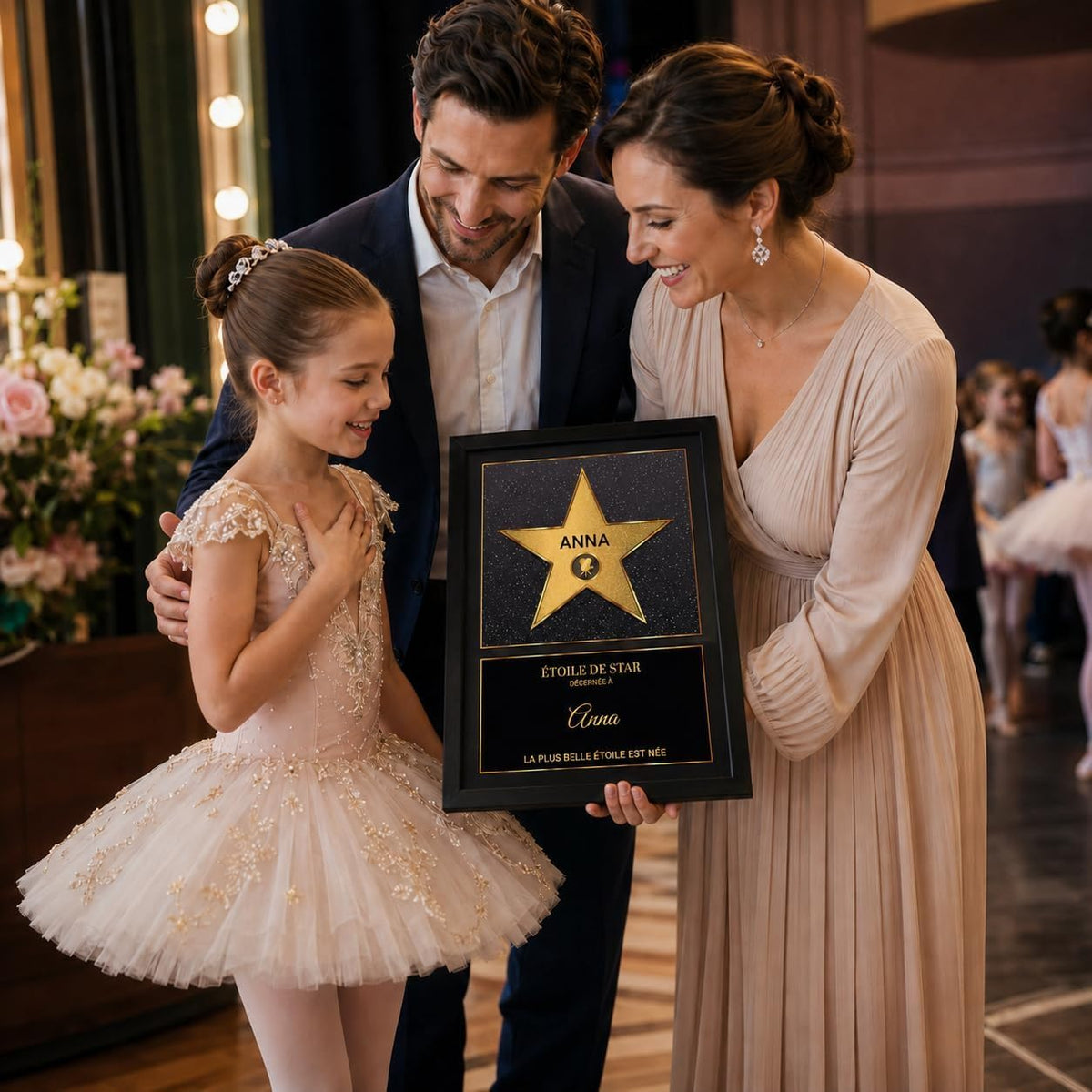 Exemple d'usage : l'étoile dorée sur fond noir façon Walk of Fame en cadre noir, offerte après un spectacle ; prénom et message au choix, imprimée et livrée chez vous (exemple)
