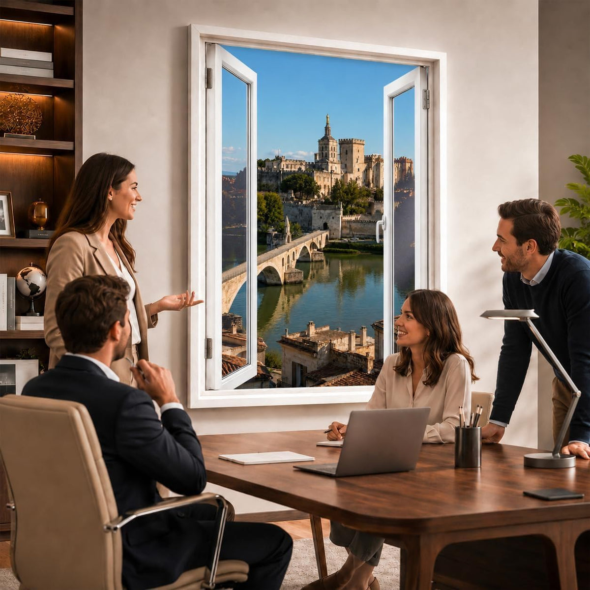 Idée d'usage dans un bureau : la vue sur Avignon ouvre le mur comme une vraie fenêtre, style de fenêtre au choix, toile canvas ou plexiglas, livré chez vous (exemple)