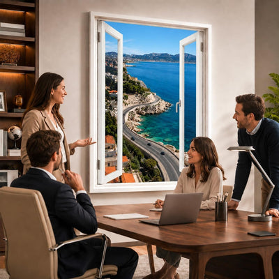 Idée d'usage dans un bureau : la vue sur la Corniche de Marseille ouvre le mur comme une vraie fenêtre, style de fenêtre au choix, toile canvas ou plexiglas, livré chez vous (exemple)