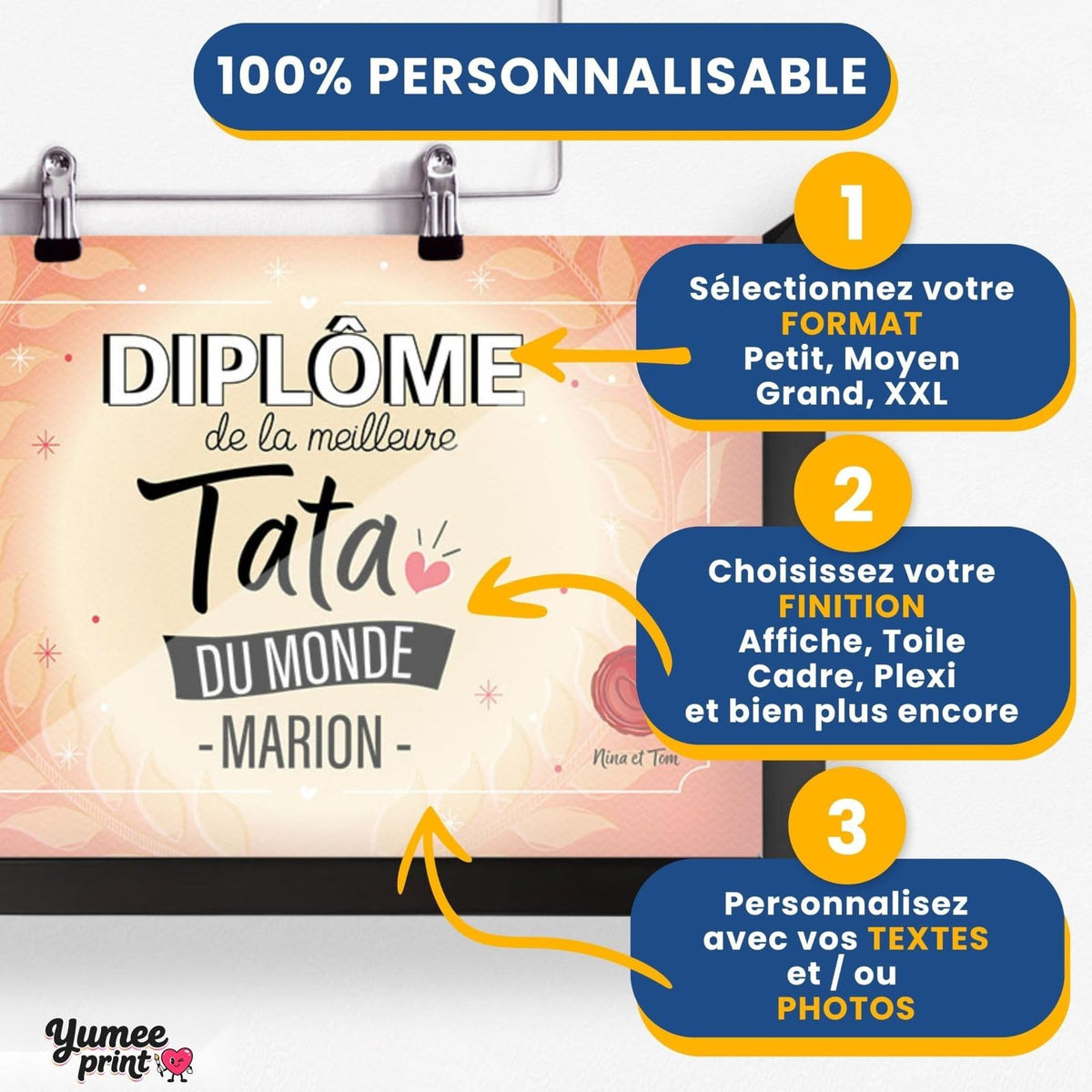 Personnalisez le diplôme « de la meilleure tata » en trois étapes : format, finition puis textes, avec son prénom et votre signature, imprimé et livré chez vous (exemple)