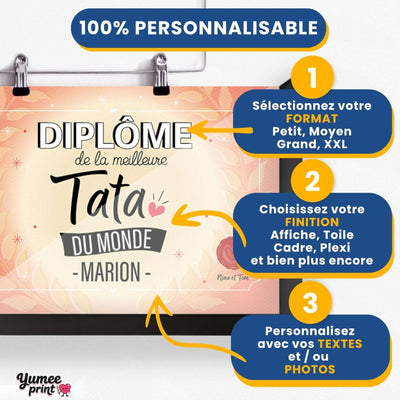 Personnalisez le diplôme « de la meilleure tata » en trois étapes : format, finition puis textes, avec son prénom et votre signature, imprimé et livré chez vous (exemple)