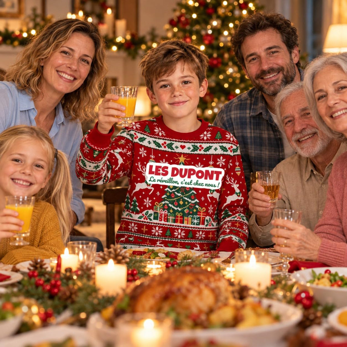 Sweat de Noël moche garçon personnalisé, nom de famille, rouge