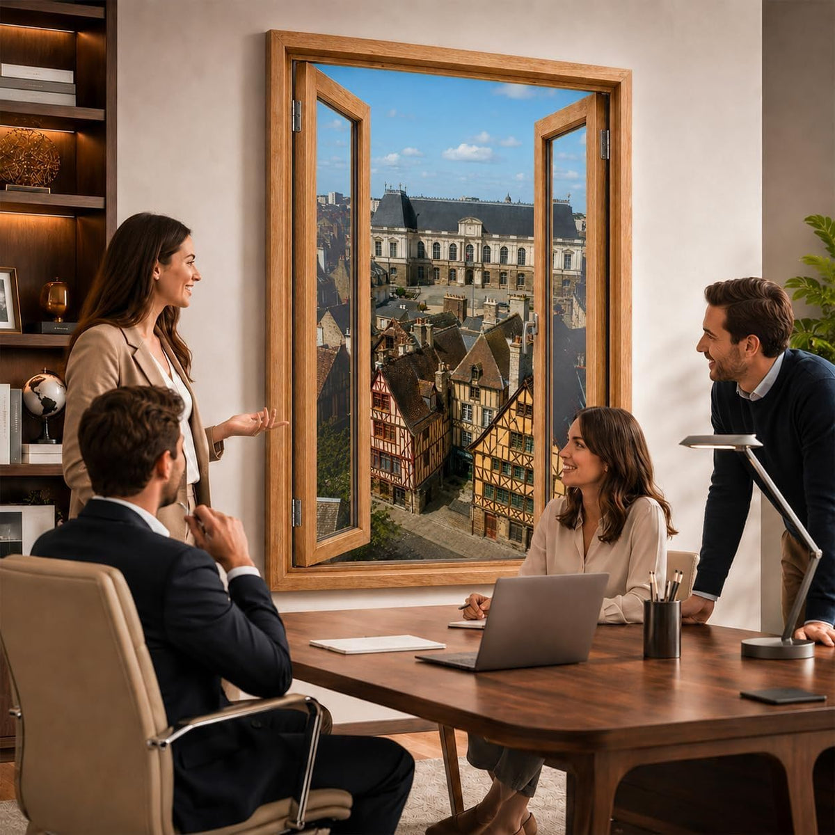 Idée d'usage dans un bureau : la vue sur Rennes ouvre le mur comme une vraie fenêtre, style de fenêtre au choix, toile canvas ou plexiglas, livré chez vous (exemple)
