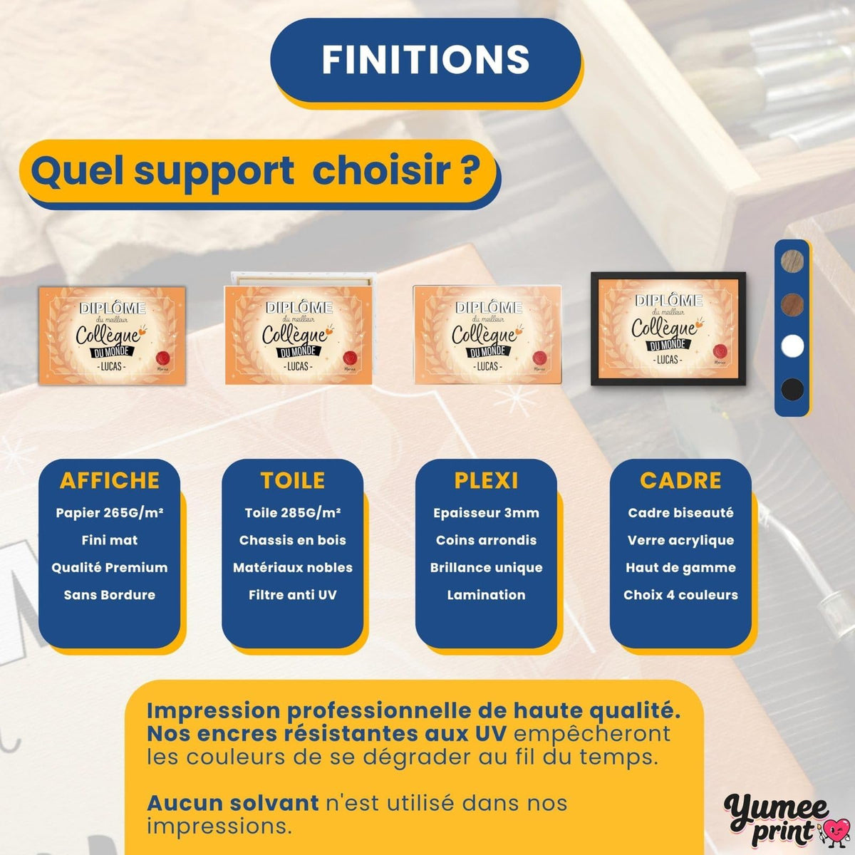 Diplôme « du meilleur collègue » en quatre finitions : affiche (poster), toile canvas, plexiglas ou cadre ; le cadre existe en noir, blanc, bois clair ou bois foncé, livré chez vous (exemple)