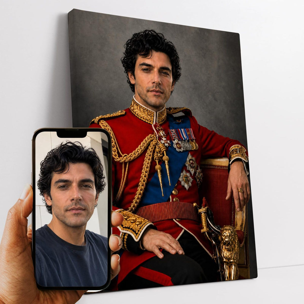 Portrait d'apparat d'après votre photo : votre visage en officier de la garde royale, tunique rouge à galons dorés, façon peinture classique, sur toile canvas, livré chez vous (exemple)