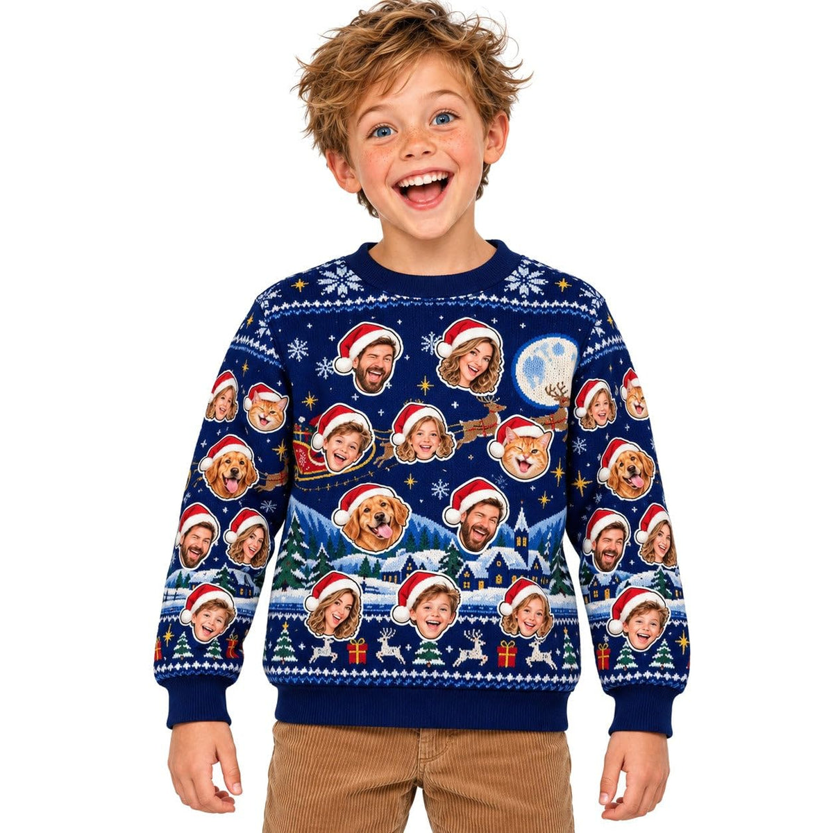 Sweat de Noël moche enfant bleu nuit personnalisé : vos photos deviennent des visages coiffés d'un bonnet rouge, avec traîneau, lune et village enneigé, livré chez vous (exemple)