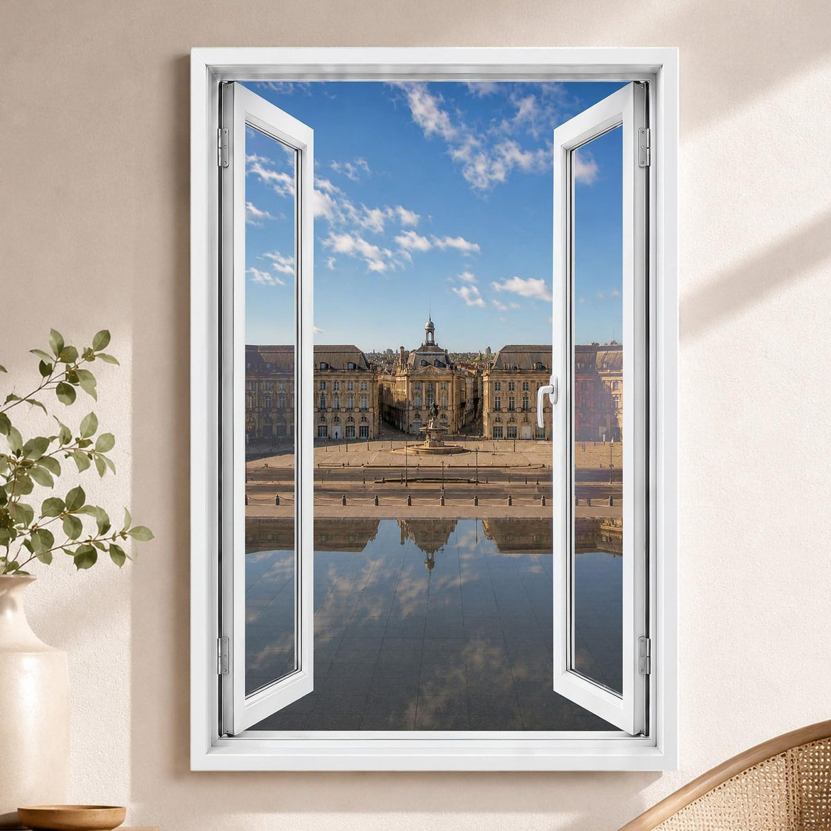 Trompe-l'œil sur Bordeaux : la place de la Bourse qui se reflète dans le miroir d'eau, par une fenêtre blanche ouverte, sur toile canvas tendue ou plexiglas, livré chez vous (exemple)