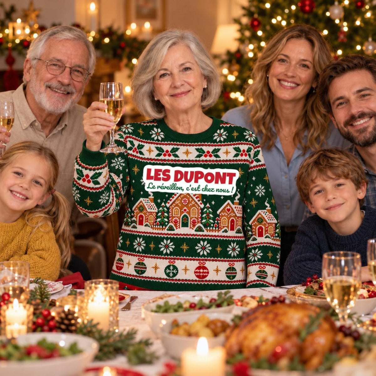 Sweat de Noël moche femme personnalisé, nom de famille, vert sapin