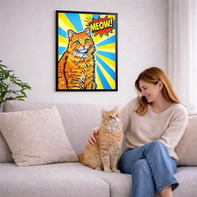 Portrait pop art de votre chat d'après sa photo, accroché au salon en cadre noir ; aussi en affiche (poster), toile canvas ou plexiglas, livré chez vous (exemple)
