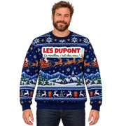 Sweat de Noël moche homme personnalisé, nom de famille, bleu marine