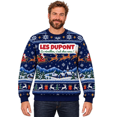 Sweat de Noël moche homme personnalisé, nom de famille, bleu marine
