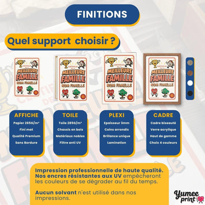 Certificat de la meilleure famille en quatre finitions : affiche (poster), toile canvas, plexiglas ou cadre ; le cadre existe en noir, blanc, bois clair ou bois foncé, livré chez vous (exemple)
