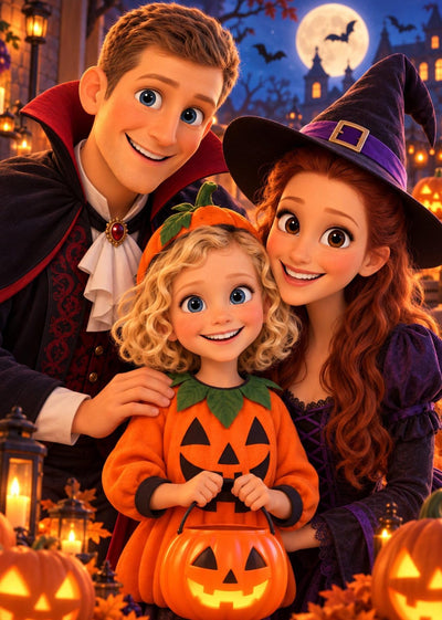 Votre photo transformée en scène d'Halloween en dessin animé 3D, citrouilles allumées et lanternes, à choisir en affiche (poster), toile canvas, plexiglas ou cadre, livrée chez vous (exemple)