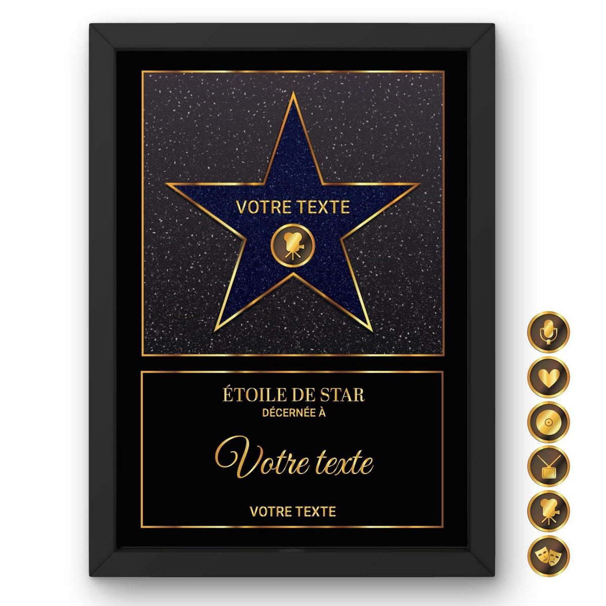 Étoile de star personnalisée façon Walk of Fame : étoile bleue pailletée sur fond noir en cadre noir, prénom, pictogramme parmi six et message au choix, imprimée et livrée chez vous (exemple)