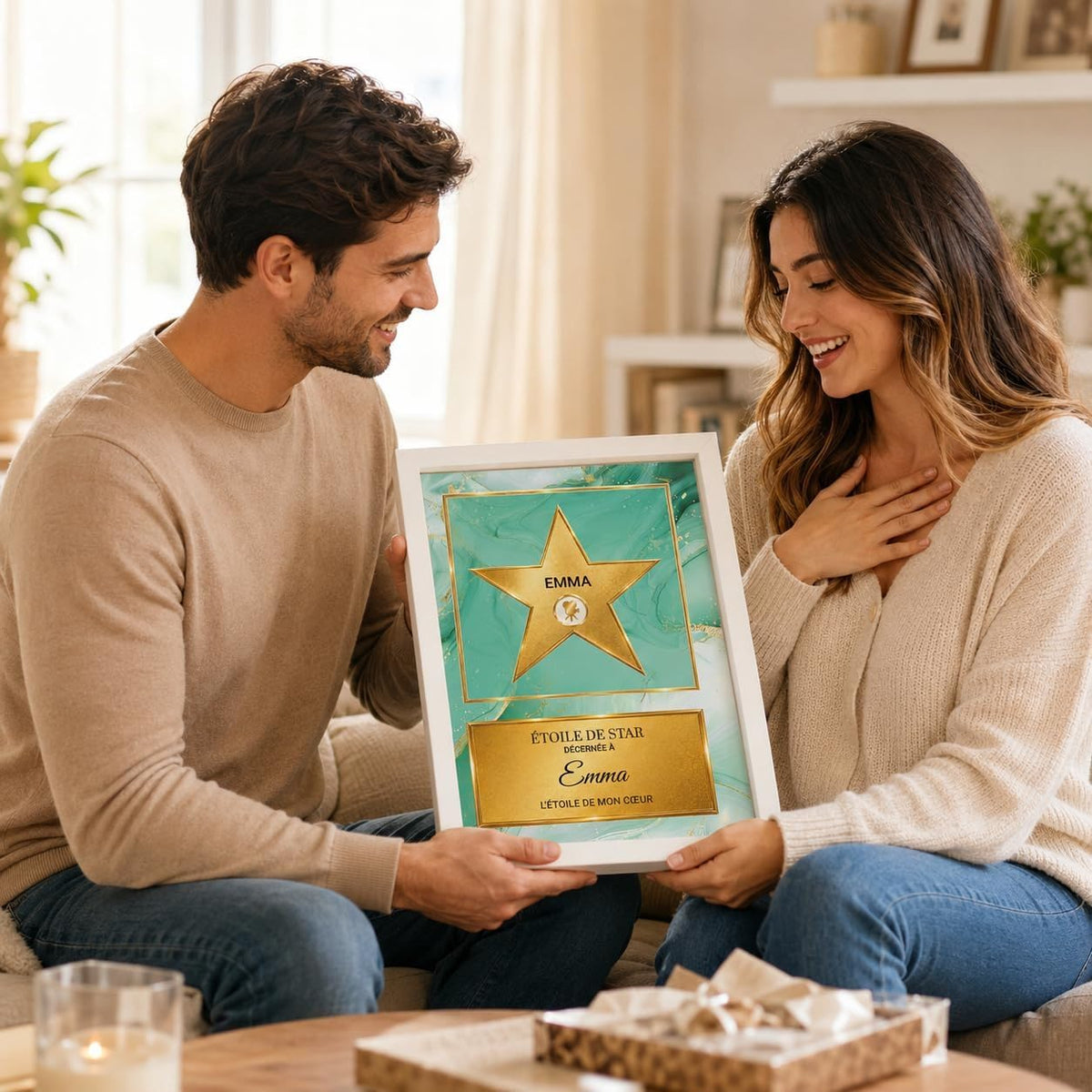 Exemple d'usage au salon : l'étoile dorée sur marbre vert en cadre blanc, façon Walk of Fame, avec prénom et message choisis, imprimée et livrée chez vous (exemple)